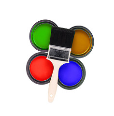 Image showing four colorful paint cans with paintbrush