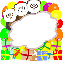 Image showing cute vector panda with text box and many gift box