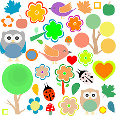 Image showing set birds and owls, trees and flowers vector background