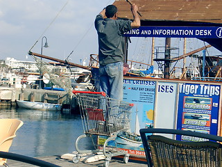 Image showing shopping trolley as ladder