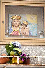 Image showing niche in the wall with Virgin Mary and Christ child image tile