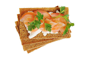 Image showing Snack. Bread with feta cheese and salmon.