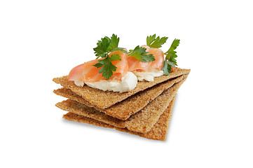 Image showing Snack. Bread with feta cheese and salmon.