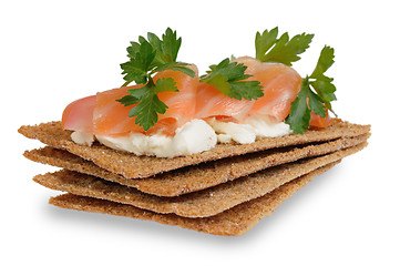 Image showing Snack. Bread with feta cheese and salmon.