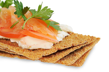 Image showing Snack. Bread with feta cheese and salmon.