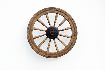 Image showing Vintage Spinning Wheel on White Wall