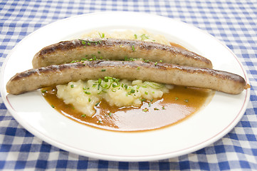 Image showing thuringian sausage with potato cucumber salad