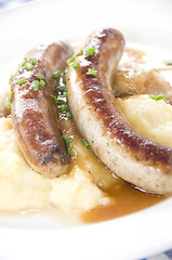 Image showing  Grobe sausage bratwurst with mashed potatos sauerkraut