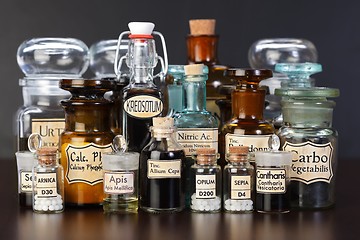 Image showing Various pharmacy bottles of homeopathic medicine