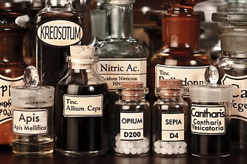 Image showing Various pharmacy bottles of homeopathic medicine