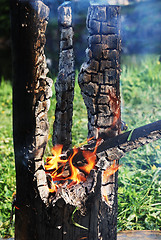 Image showing smouldering tree trunk burned out in the middle