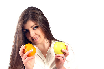 Image showing beautiful woman with orange and lemon, healthy citrin photo