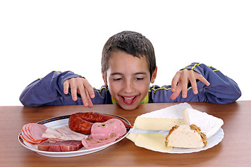 Image showing hungry boy for cheese and sausage, food photo