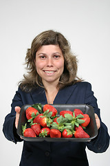 Image showing beautiful woman with beautiful red strawberries, healthy food