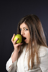 Image showing woman with beautiful red apple, healthy food