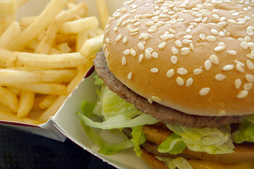 Image showing Tasty hamburger with fries, unhealthy food, health concept