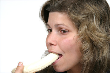 Image showing beautiful woman eating banana, healthy food