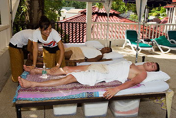 Image showing Men get a Thai massage