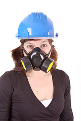 Image showing woman with safety protection, gas mask and helmet