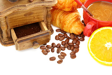 Image showing Coffee, croissants and a mill.