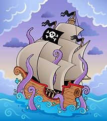 Image showing Pirate ship with tentacles in storm