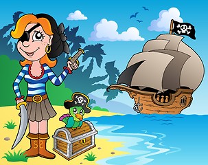 Image showing Pirate girl on coast 1