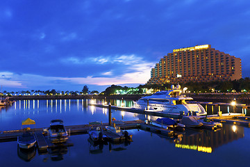 Image showing Yacht pier at sunset 