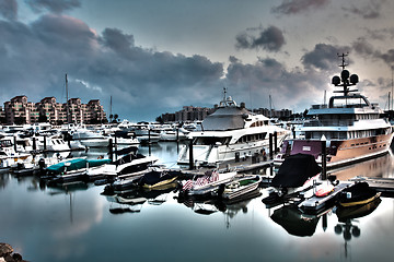 Image showing Yacht pier at sunset, HDR image. 