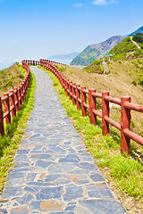 Image showing Hiking path and pavillion in mountain ridges