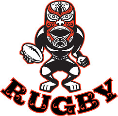 Image showing Maori Mask Rugby Player standing With Ball