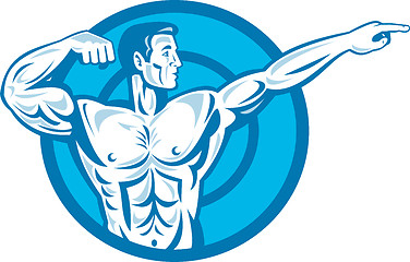 Image showing Bodybuilder Flexing Muscles Pointing Side Retro