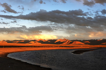 Image showing Landscape of Tibetan lakes at sunset