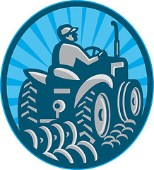 Image showing Farmer Plowing With Tractor Retro