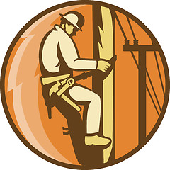 Image showing Power Lineman Electrician Climbing Utility Post