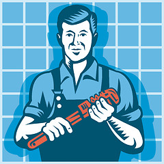 Image showing Plumber Worker With Monkey Wrench Retro