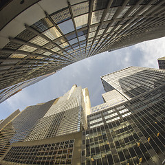 Image showing Fisheye upward view of New York City Skyscrapers