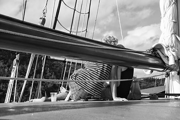 Image showing Young Couple enjoying Cruise on a Old Ship