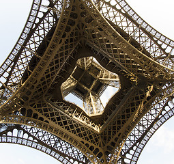 Image showing Upward fisheye view of Eiffel Tower