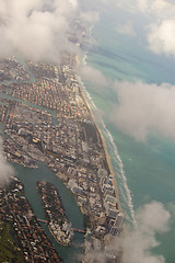 Image showing Miami city Downtown Buildings aerial view with blue sea
