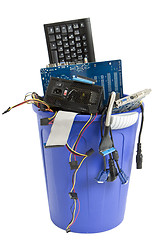 Image showing electronic scrap in blue trash can