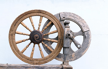 Image showing Two Vintage Spinning Wheels