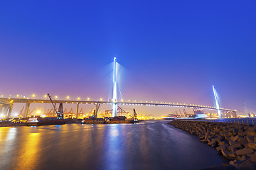 Image showing Hong Kong bridge at cargo terminal at night