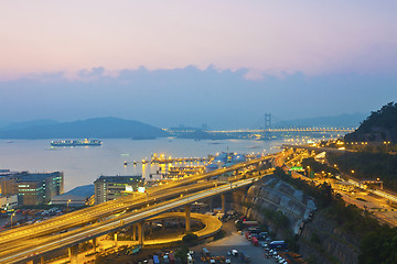 Image showing Tsing Ma Bridge and highway scene in Hong Kong