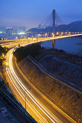 Image showing Ting Kau Bridge and highway at night in Hong Kong