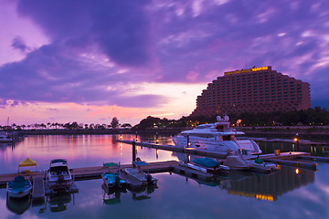 Image showing Yacht pier at sunset time in Hong Kong