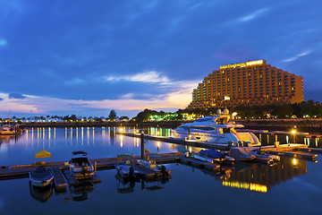 Image showing Yacht pier at sunset time in Hong Kong, Gold Coast.