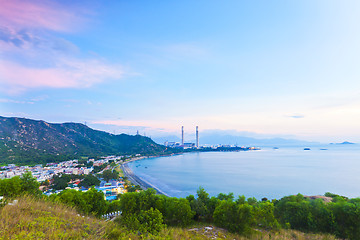 Image showing Power station and mountain sunset