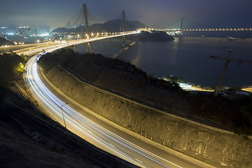 Image showing Ting Kau Bridge and highway at night in Hong Kong