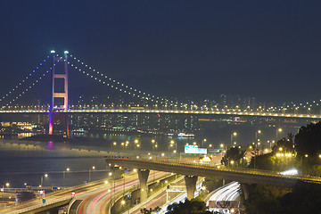 Image showing Tsing Ma Bridge and highway scene in Hong Kong