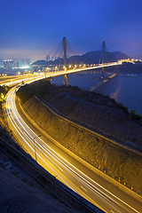 Image showing Ting Kau Bridge at night along the highway in Hong Kong